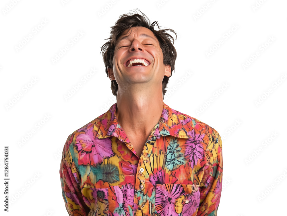A delighted man smiling and closing his eyes with happiness, isolated on a white background, full-length A delighted man smiling and closing his eyes with happiness, isolated on a white background, full-length