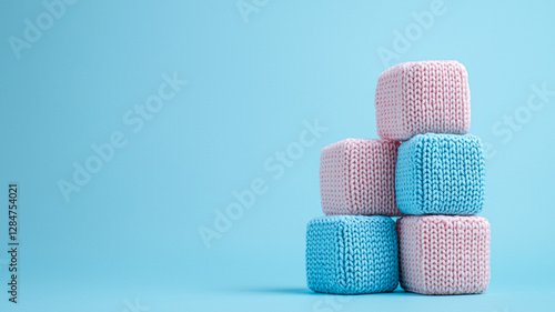 Knitted soft cubes in pastel blue and pink, stacked on the right side, cozy blue background