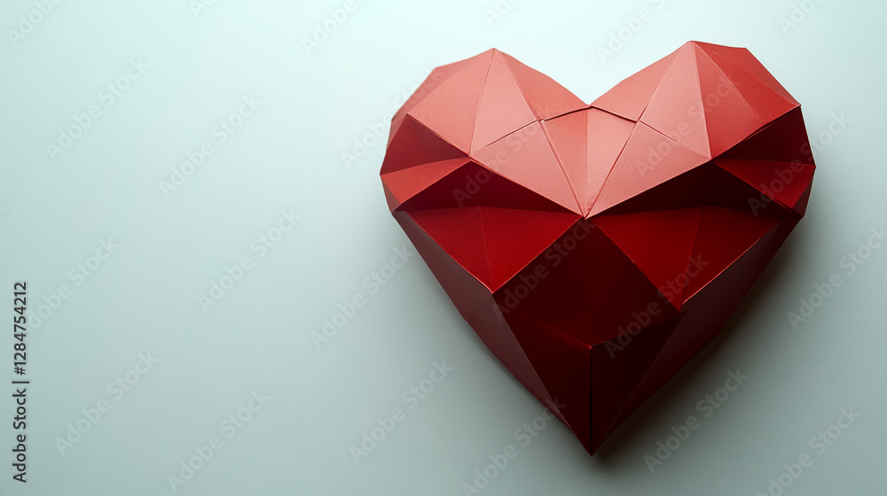 Geometric red paper heart on a light background, casting subtle shadows. Concept involves love, art, and design. Geometric red paper heart on a light background, casting subtle shadows. Concept involves love, art, and design.