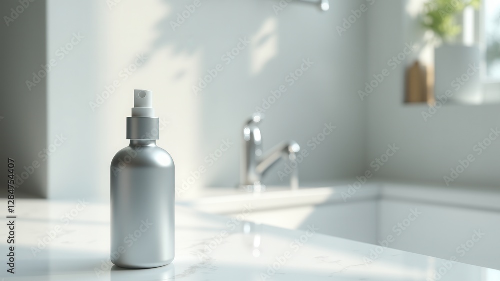 Nasal spray, Close-up front view of a sleek silver nasal spray bottle on white marble soft home lighting clean atmosphere