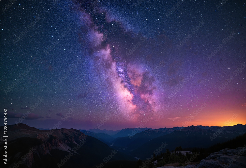 Breathtaking view of the Milky Way stretching across the night sky, vibrant cosmic colors, soft diffused lighting, blurred mountain ridge silhouette in the background, vast and awe-inspiring compositi Breathtaking view of the Milky Way stretching across the night sky, vibrant cosmic colors, soft diffused lighting, blurred mountain ridge silhouette in the background, vast and awe-inspiring compositi