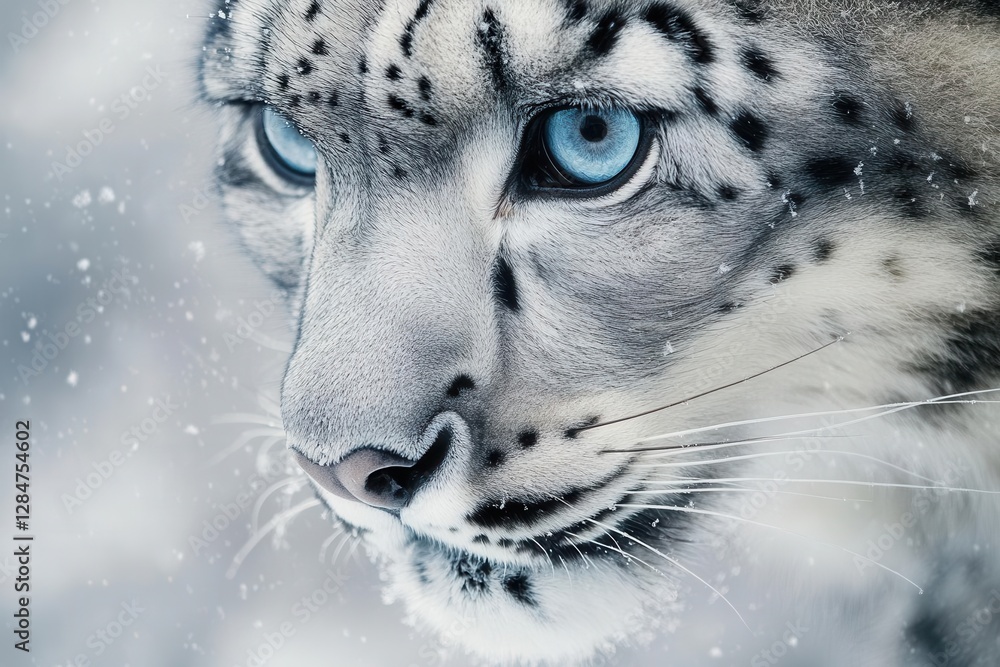 Naklejka premium Majestic Snow Leopard Portrait in Dramatic Winter Light with Intense Gaze and Crystalline Frost Details