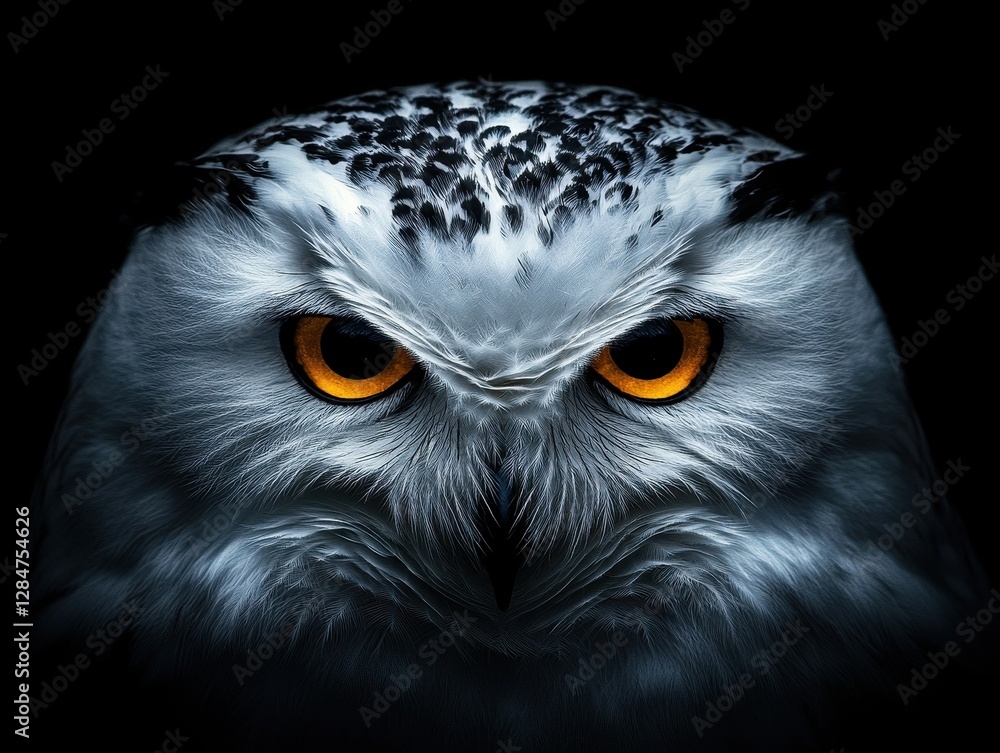 Fototapeta premium Majestic Snowy Owl Portrait with Piercing Yellow Eyes and Detailed White Feathers Against Dark Background Wildlife Photography