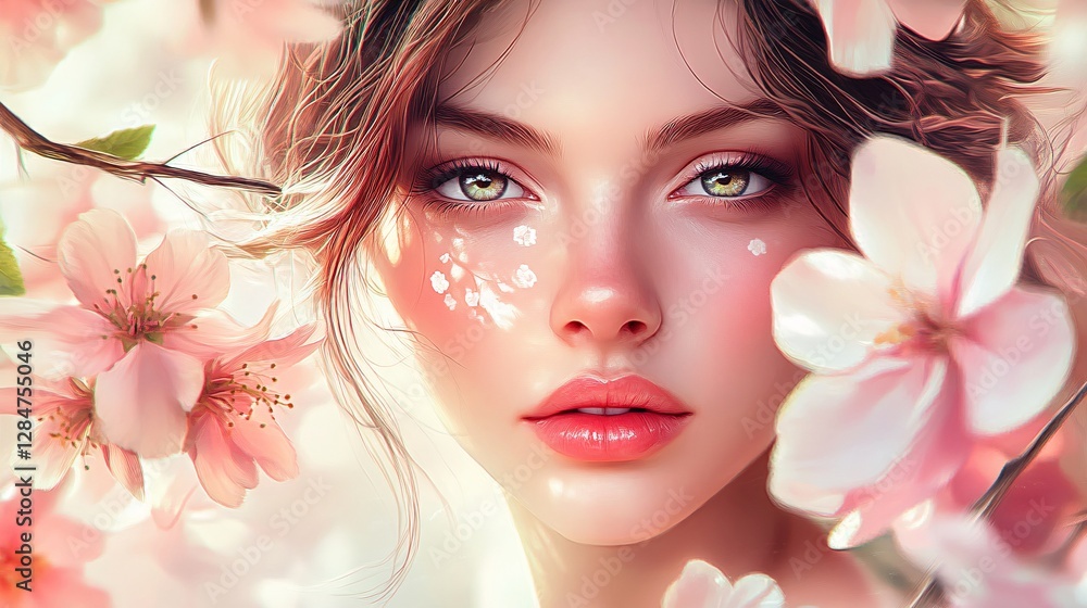 A Dreamlike Portrait of a Woman Amidst Delicate Pink Blossoms A Dreamlike Portrait of a Woman Amidst Delicate Pink Blossoms