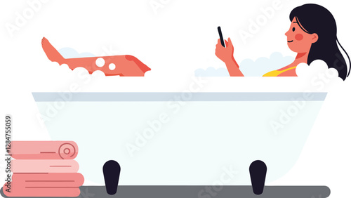 Woman relaxing in a white bathtub surrounded by bubbles, holding a smartphone, in a minimal and colorful design style, vector illustration