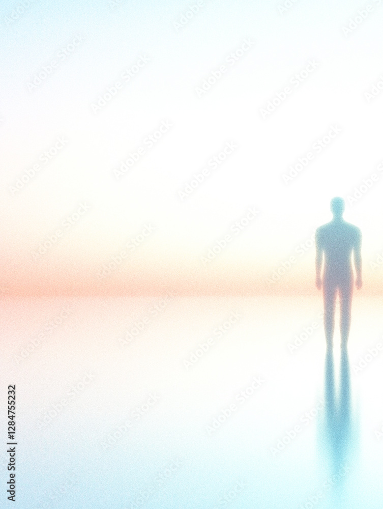 Fototapeta premium Silhouette of a figure standing in a soft, ethereal landscape with a gradient background