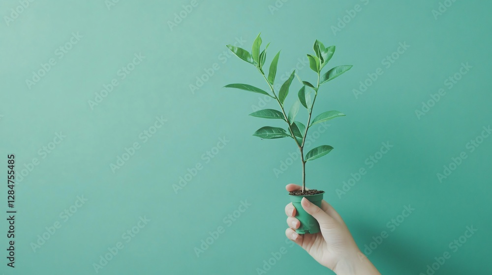 A Hand Holding a Young Plant Against a Teal Background, Symbolizing Growth and New Beginnings