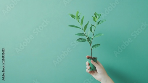 Obraz na płótnie A Hand Holding a Young Plant Against a Teal Background, Symbolizing Growth and New Beginnings w salonie