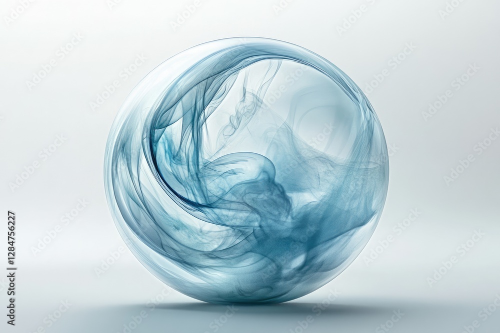 Abstract art depicting a translucent sphere filled with swirling, ethereal, blue smoke-like formations. Abstract art depicting a translucent sphere filled with swirling, ethereal, blue smoke-like formations.
