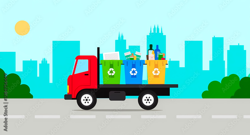 red truck carrying three recycling bins in a city setting red truck carrying three recycling bins in a city setting