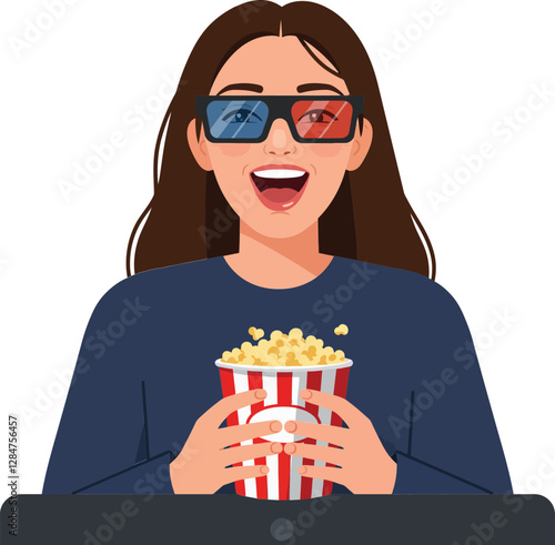 Young woman excitedly enjoying a movie with 3D glasses and popcorn in a minimal vector illustration