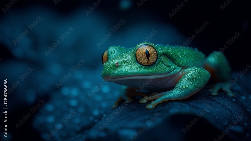 Ultra Sharp Macro Photograph of Tree Frog on Leaf with Moist Skin Glistening Under Soft Blue Moonlight Ultra Sharp Macro Photograph of Tree Frog on Leaf with Moist Skin Glistening Under Soft Blue Moonlight