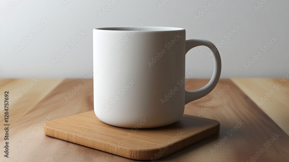 A White Ceramic Mug on a Wooden Coaster A White Ceramic Mug on a Wooden Coaster