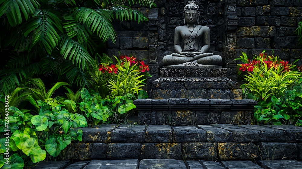 Serene Buddha statue surrounded by lush greenery and vibrant flowers in a tranquil garden setting Serene Buddha statue surrounded by lush greenery and vibrant flowers in a tranquil garden setting