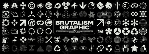 Brutalism icon graphic. Geometric wireframe symbols, retro elements, planets, 3D Y2K vintage design, blanks for a poster, banner, business card. Vector set