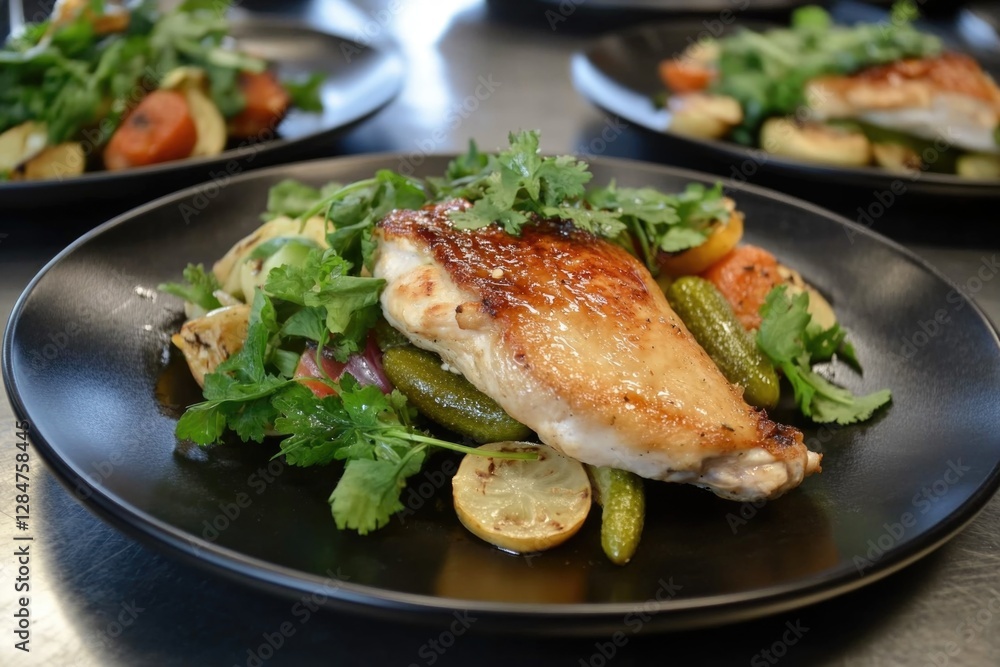 Grilled chicken with fresh vegetables and herbs on black plate Grilled chicken with fresh vegetables and herbs on black plate