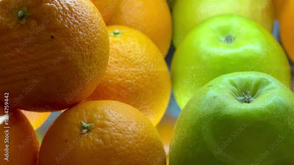Juicy green apples and yellow oranges in the supermarket window are sold to customers. Close-up. Juicy green apples and yellow oranges in the supermarket window are sold to customers. Close-up.