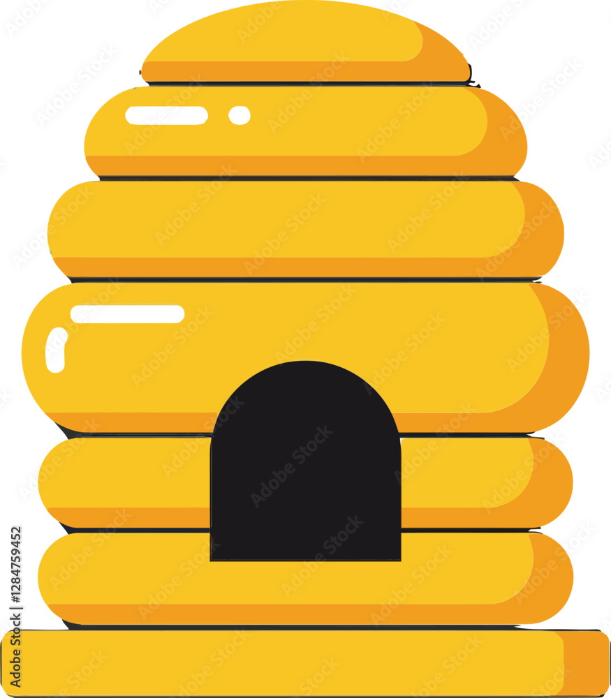 Yellow beehive in a flat design style showcasing hexagonal layers and a prominent entrance creating a warm, inviting atmosphere in vector art Yellow beehive in a flat design style showcasing hexagonal layers and a prominent entrance creating a warm, inviting atmosphere in vector art