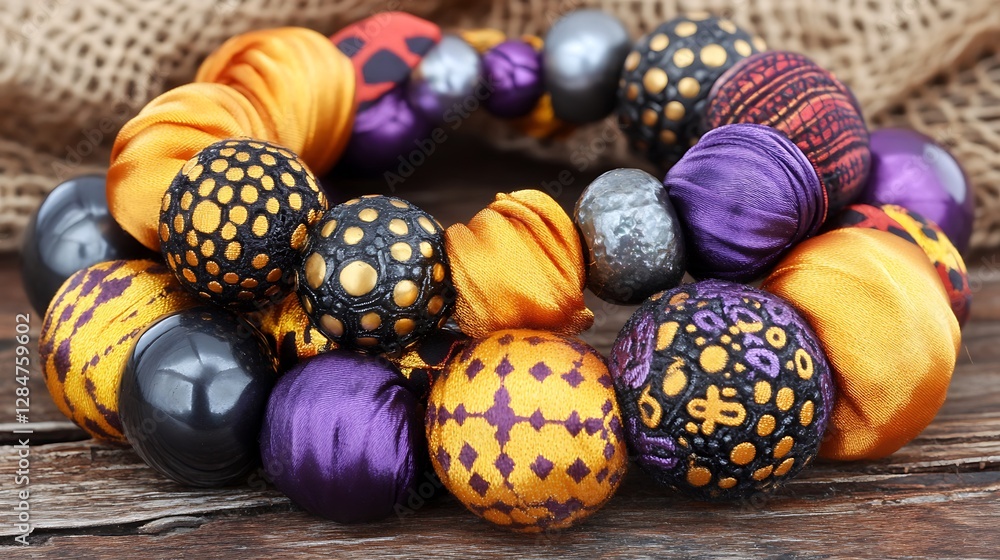 A colorful beaded necklace rests on a weathered wooden surface A colorful beaded necklace rests on a weathered wooden surface