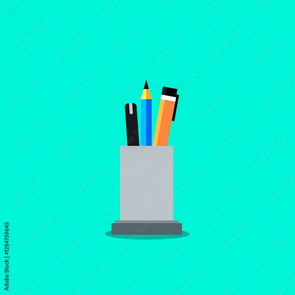 gray pencil holder with a pencil pen and marker against a teal background gray pencil holder with a pencil pen and marker against a teal background