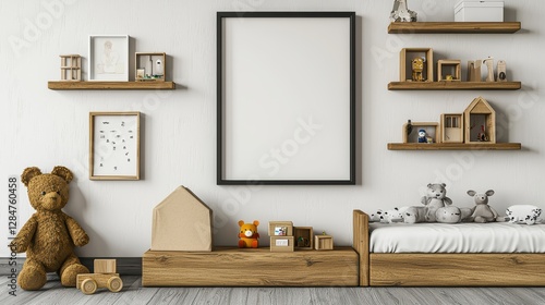 White room with a teddy bear on the floor. , Copy Space and Blank Frame
