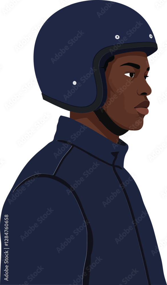 Profile view of a young man wearing a navy helmet, showcasing a minimal design style, emphasizing determination and focus in vector art Profile view of a young man wearing a navy helmet, showcasing a minimal design style, emphasizing determination and focus in vector art