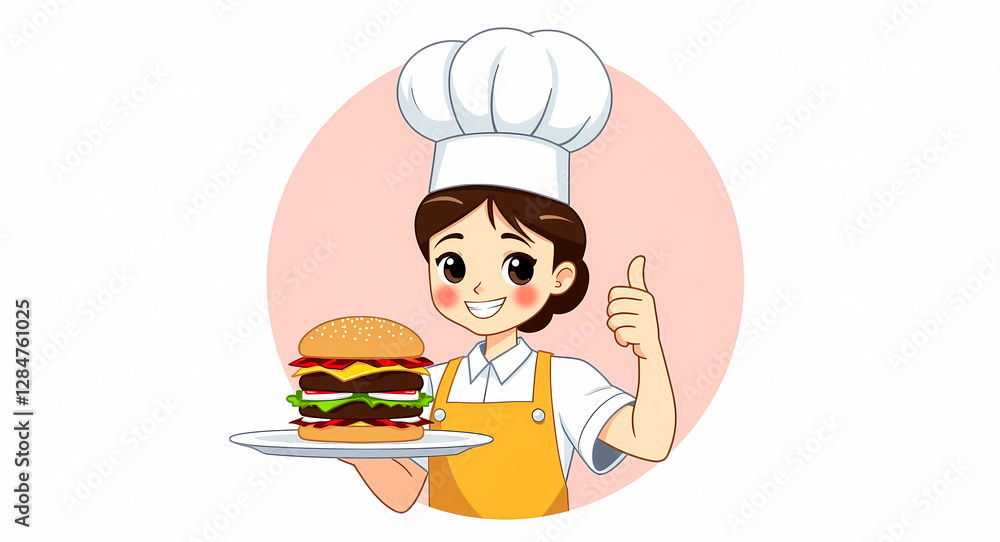 smiling female chef in uniform holding a delicious double-decker burger giving a thumbs up smiling female chef in uniform holding a delicious double-decker burger giving a thumbs up