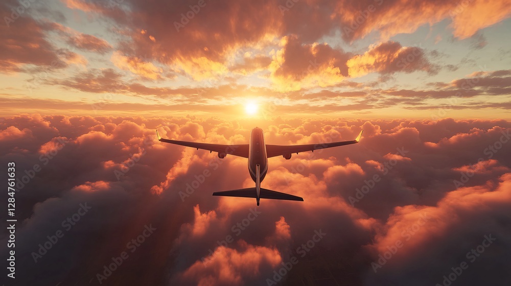Obraz premium Airplane Soaring Above a Sea of Clouds at Sunset