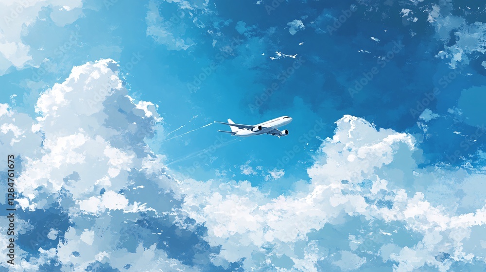 Fototapeta premium Airplane soaring above fluffy white clouds in a vibrant blue sky. A serene, high altitude view of air travel and adventure.