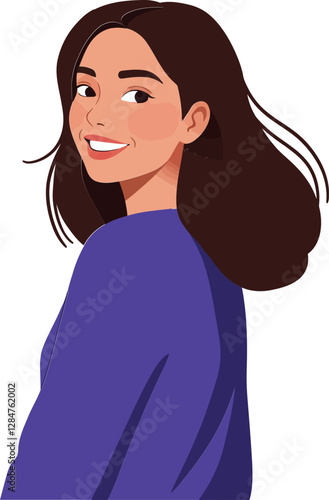 Cheerful young woman with long brown hair smiling and looking back, depicted in a flat design style, vector illustration