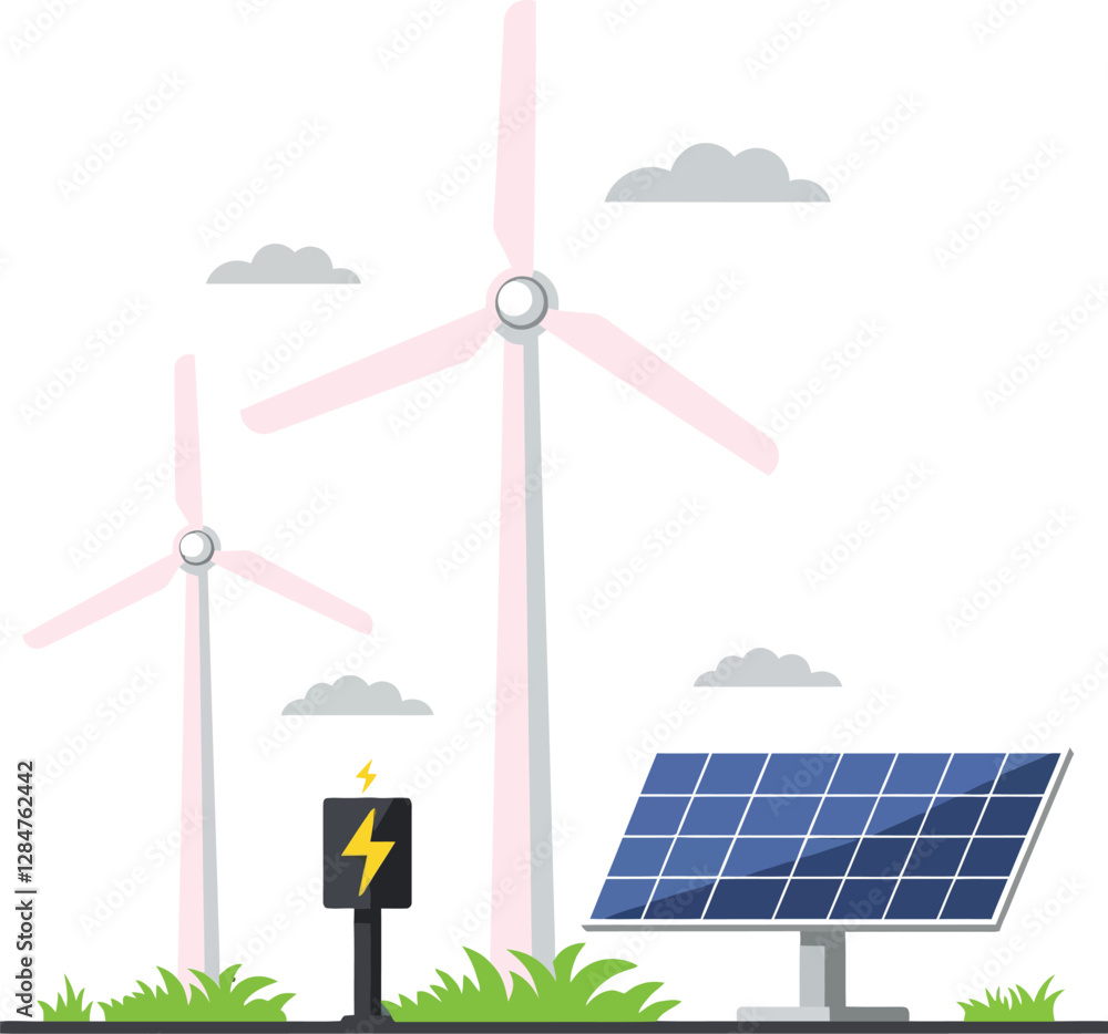 Sustainable energy scene featuring wind turbines and solar panels in a flat design vector art