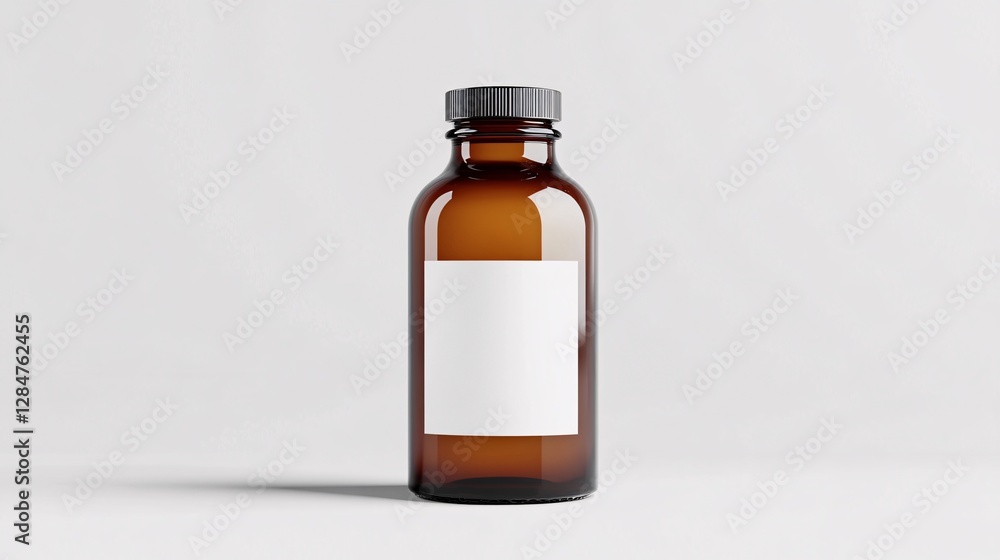 Amber Glass Bottle with Blank White Label Mockup Amber Glass Bottle with Blank White Label Mockup