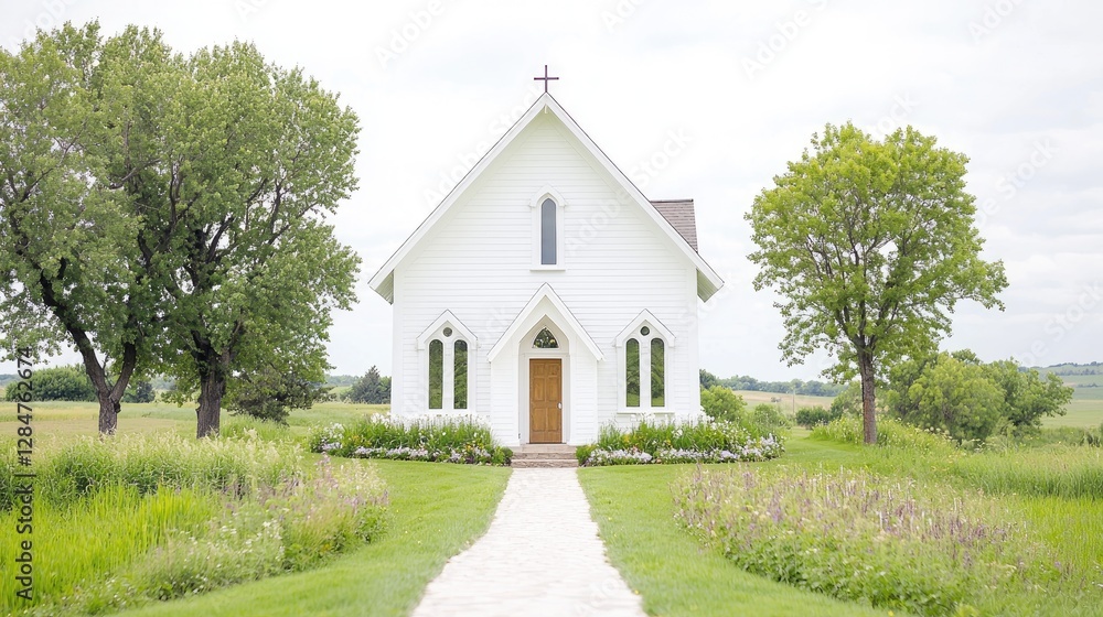 Naklejka premium White church, tranquil field, summer day, wedding venue