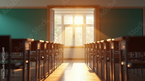 Open classroom door, An open classroom door bathed in soft morning sunlight revealing rows of desks in hyper-realistic 8K UHD detail