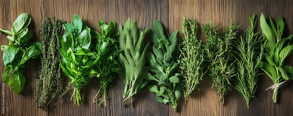 Assorted fresh herbs on wooden surface Assorted fresh herbs on wooden surface