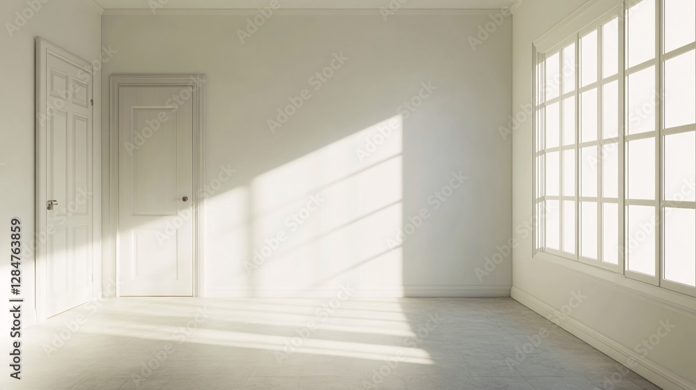 Bright and airy empty room with sunlight streaming through large windows, minimalist interior design Bright and airy empty room with sunlight streaming through large windows, minimalist interior design