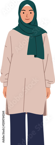 A young woman wearing a hijab in a long tunic and loose pants, showcasing a minimal style in vector art