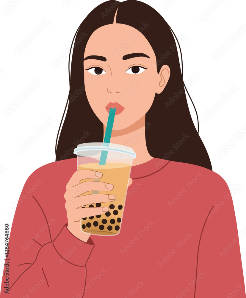 A young woman sipping a bubble tea drink with a relaxed expression in a cozy flat style vector illustration A young woman sipping a bubble tea drink with a relaxed expression in a cozy flat style vector illustration