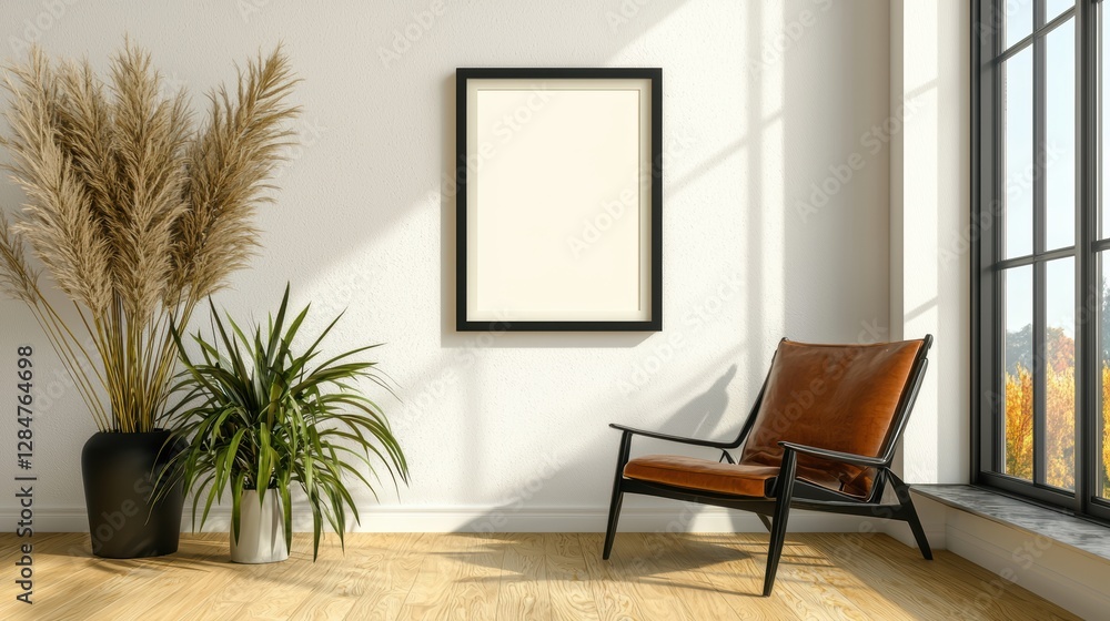 Room with a brown leather chair and a potted plant Room with a brown leather chair and a potted plant
