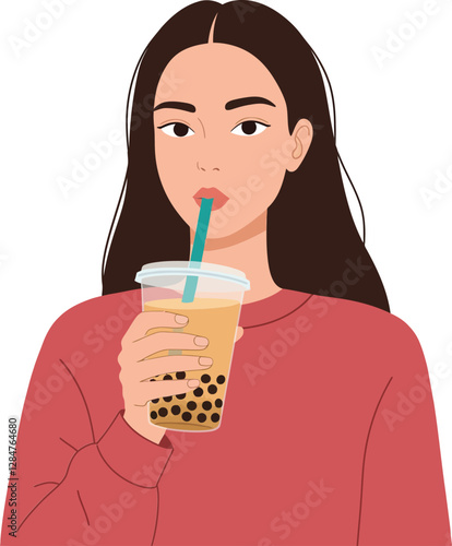 A young woman sipping a bubble tea drink with a relaxed expression in a cozy flat style vector illustration
