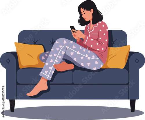 A young woman in cozy pajamas sitting on a modern sofa, browsing her smartphone in a relaxed atmosphere, flat vector illustration