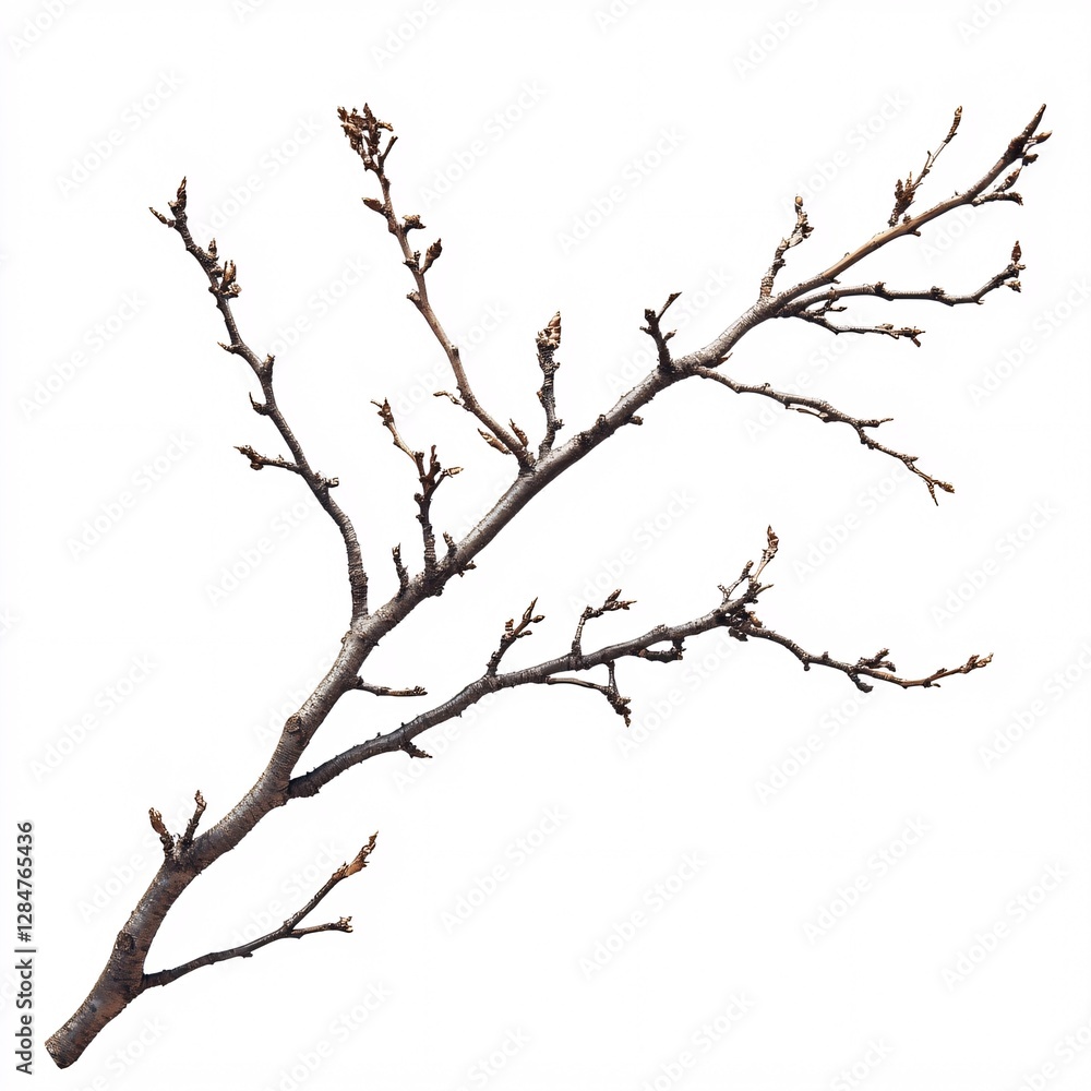 Close-up of a Bare Tree Branch with Tiny Buds Against a White Background Close-up of a Bare Tree Branch with Tiny Buds Against a White Background