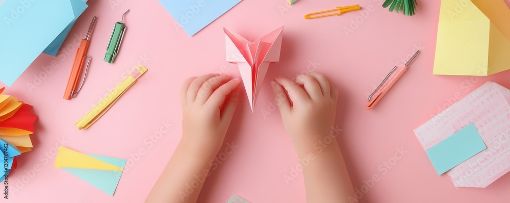 Child hands folding origami paper on pink surface with stationery around Child hands folding origami paper on pink surface with stationery around