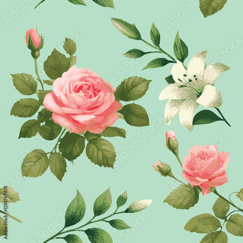 Floral vector seamless pattern with blooming pink roses and white lilies