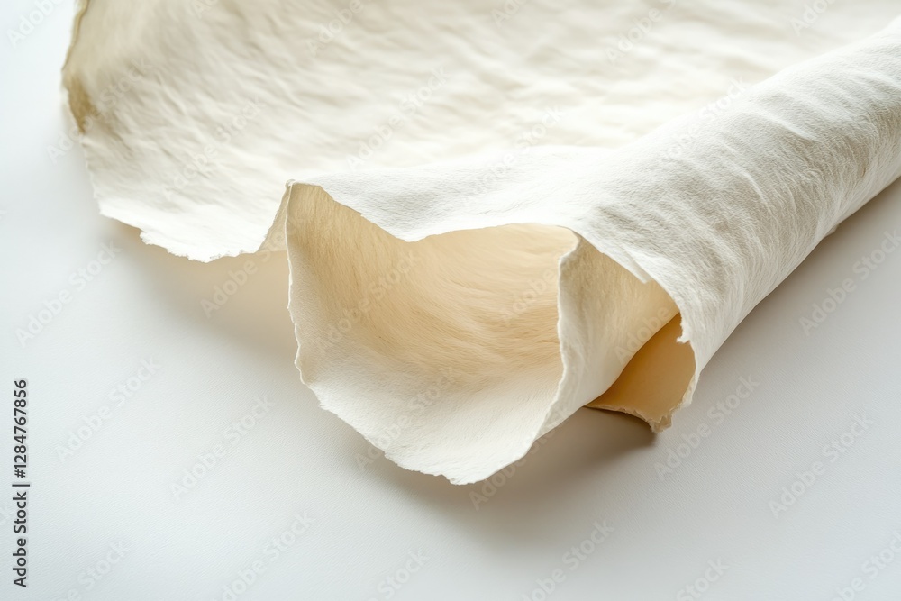 Creamy textured paper rolled and unfurled, showcasing its soft, delicate fibers and uneven edges. Creamy textured paper rolled and unfurled, showcasing its soft, delicate fibers and uneven edges.