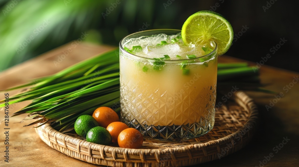 Fototapeta premium Refreshing Iced Drink with Lime and Kumquats on Wooden Table