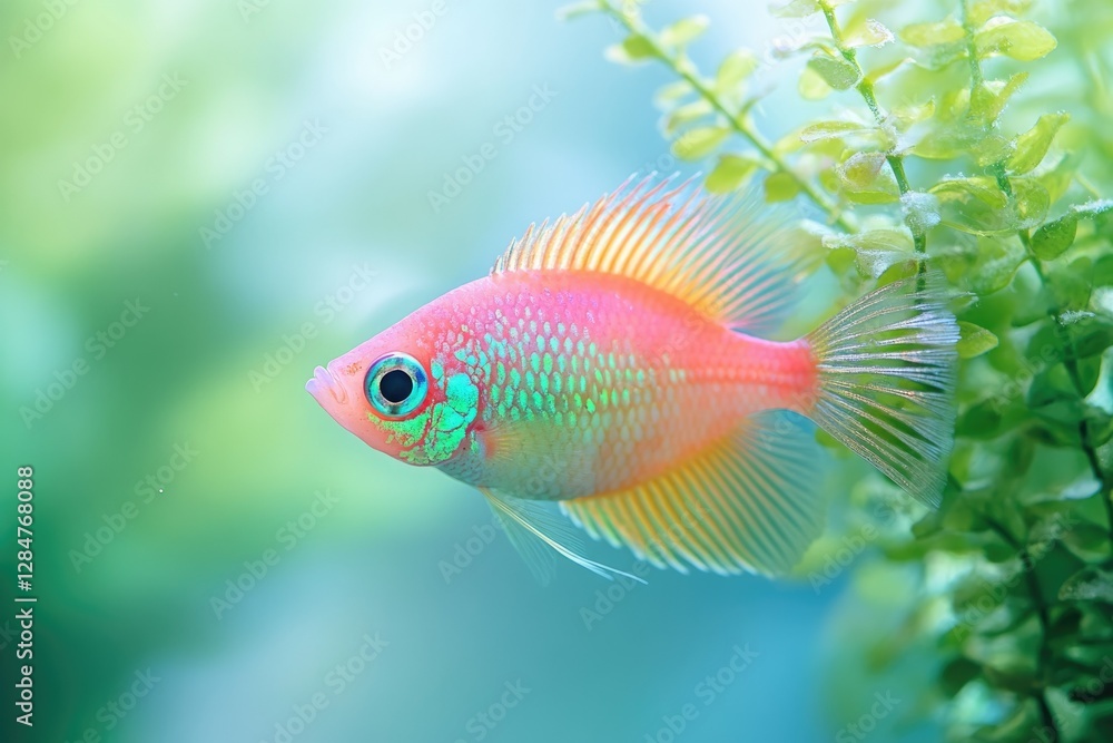 A vibrant, small, pink and teal fish swims among green aquatic plants. A vibrant, small, pink and teal fish swims among green aquatic plants.