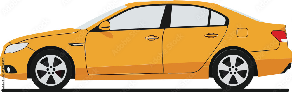 Bright yellow sedan car in a flat design style showcasing smooth lines and modern features, emphasizing simplicity and elegance in vector art