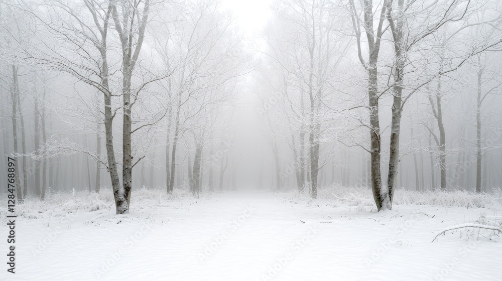 Snowy forest path, winter fog, tranquil scene, nature background Snowy forest path, winter fog, tranquil scene, nature background
