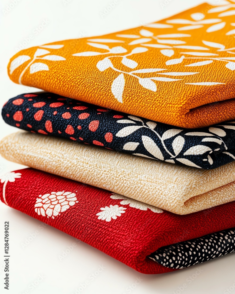 Colorful patterned textiles stacked neatly. Colorful patterned textiles stacked neatly.